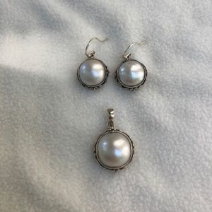 Genuine White Mabe Pearl Earrings & Pendant Set
